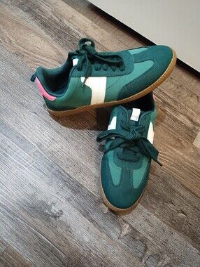 Girls Teal Green And Pink Athletic Sneakers with White Stripe